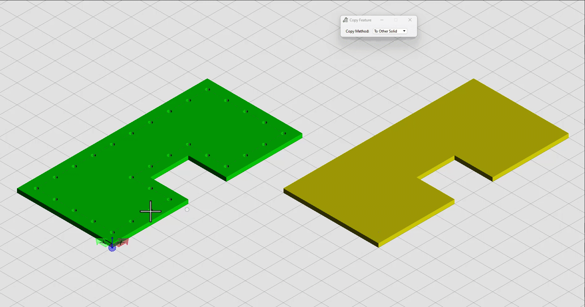 Two L-shaped 3D models are shown on a grid background; the left model is green with holes, while the right model is solid yellow with no holes.