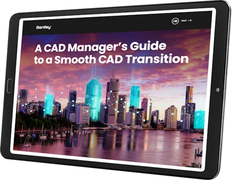 Tablet screen displaying "A CAD Manager's Guide to a Smooth CAD Transition with MicroStation" alongside an image of a city skyline at dusk. | Bentley Systems | Infrastructure Engineering Software Company Tablet screen displaying "A CAD Manager's Guide to a Smooth CAD Transition with MicroStation" alongside an image of a city skyline at dusk.