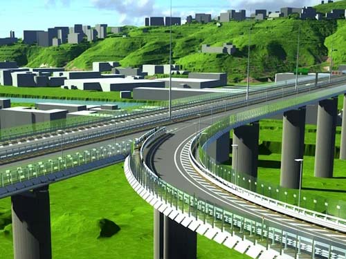 A multi-lane elevated highway with concrete pillars, designed using MicroStation, winds through a green, hilly landscape with buildings in the background.