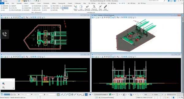 Screenshot of a MicroStation CAD software interface displaying four views of a building model, including isometric and plan views, showcasing structural details and design for electric utilities. | Bentley Systems | Infrastructure Engineering Software Company Screenshot of a MicroStation CAD software interface displaying four views of a building model, including isometric and plan views, showcasing structural details and design for electric utilities.