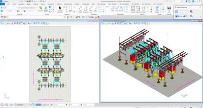 Screenshot of a computer-aided design (CAD) software, MicroStation, showing two different views of an electrical substation design for electric utilities projects, with various equipment and structures displayed on the screen. Let this image spark inspiration for your next engineering marvel. | Bentley Systems | Infrastructure Engineering Software Company Screenshot of a computer-aided design (CAD) software, MicroStation, showing two different views of an electrical substation design for electric utilities projects, with various equipment and structures displayed on the screen. Let this image spark inspiration for your next engineering marvel.