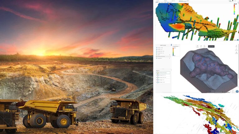 Large mining trucks in an open-pit mine at sunset, with geological 3D models and data visualizations displayed on the right side of the image.
