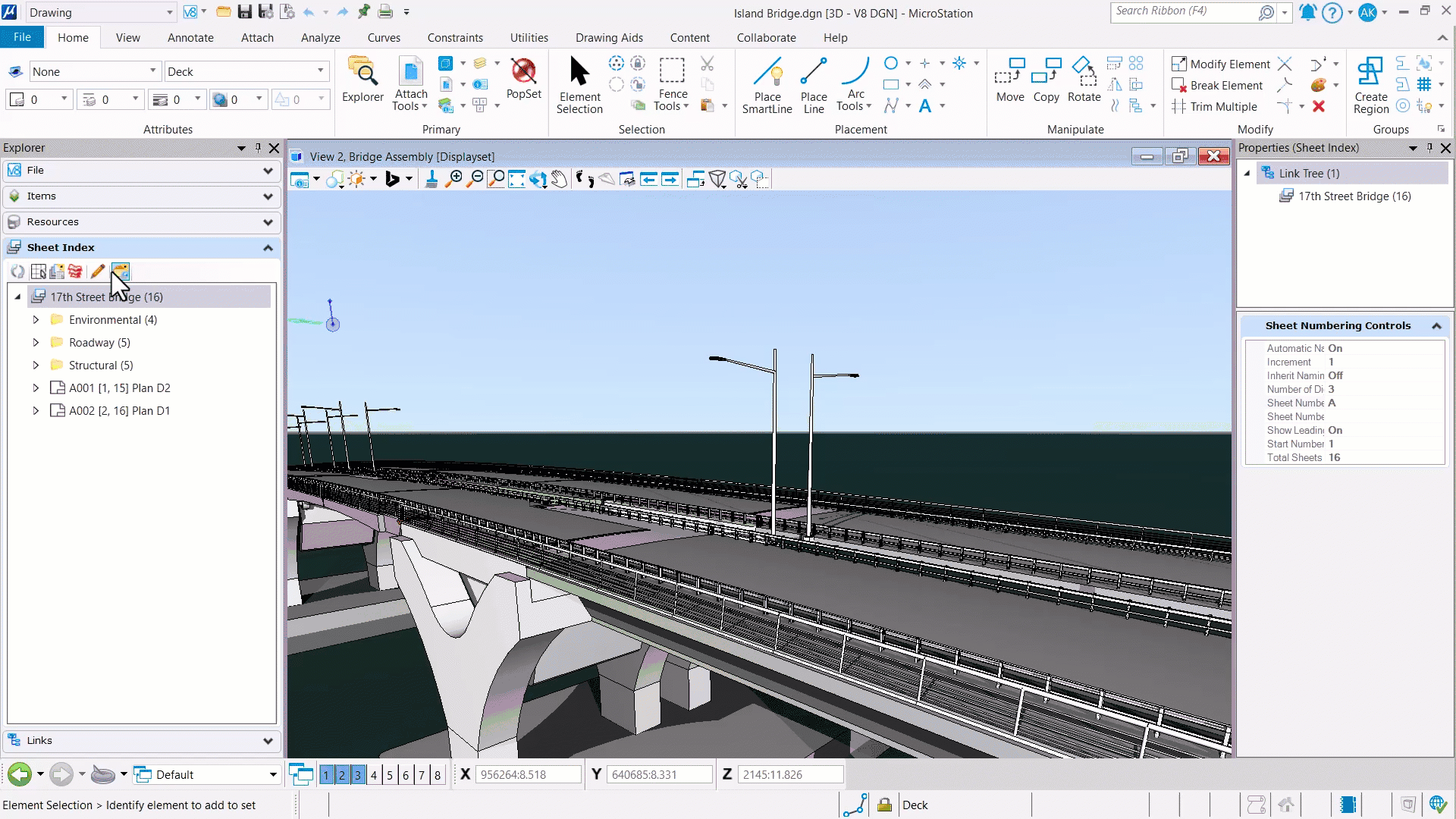 A 3D digital model of a bridge is displayed in engineering software, showing road lanes, railings, and light poles under a clear sky background.