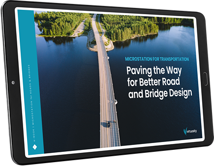 Tablet displaying an e-book cover titled "MicroStation for Transportation: Paving the Way for Better Road and Bridge Design," featuring an image of a road bridge over water. | Bentley Systems | Infrastructure Engineering Software Company Tablet displaying an e-book cover titled "MicroStation for Transportation: Paving the Way for Better Road and Bridge Design," featuring an image of a road bridge over water.