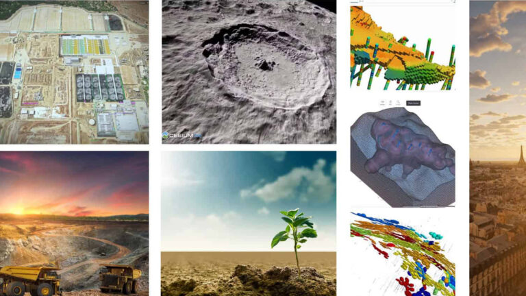 A collage shows mining operations, scientific models, a crater, a plant sprout in soil, colorful maps, and city infrastructure with the Eiffel Tower at sunset—capturing game-changing insights and eureka moments in discovery.