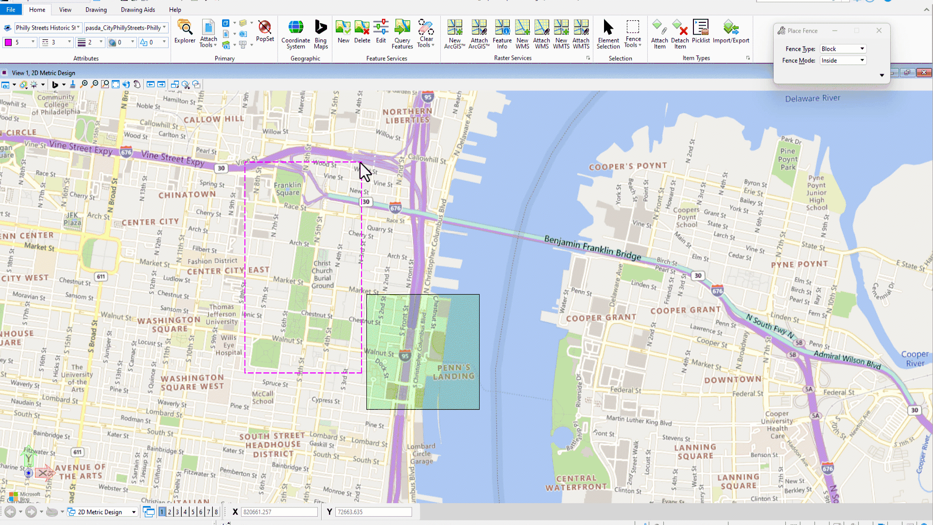 A screenshot of a GIS software displaying a map of Philadelphia and Camden, showing selected areas and features with various toolbars and map editing options visible at the top.