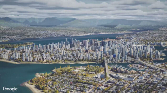 A 3D aerial view of Vancouver city, displaying detailed buildings and landscape, enabled by Cesium technology, integrated with iTwin from Bentley Systems.