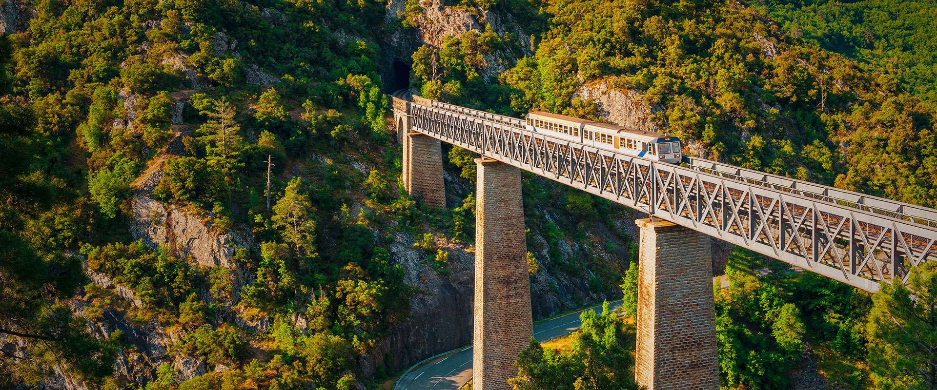 Train crossing Gustave Eiffel's Viaduct in Vecchio, Corsica, France