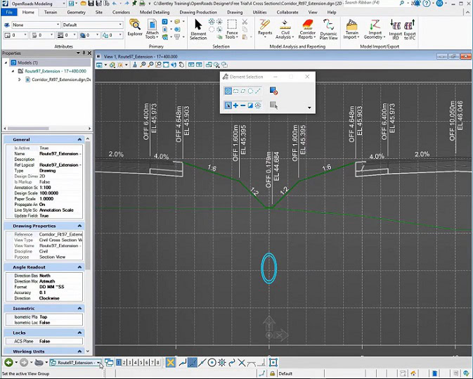 The design software interface showcases a 3D model view in a CAD program. The screen displays detailed measurements, coordinates, and options for adjusting the model, while the toolbar at the top enhances its usability. Perfect for intricate roadway design tasks.