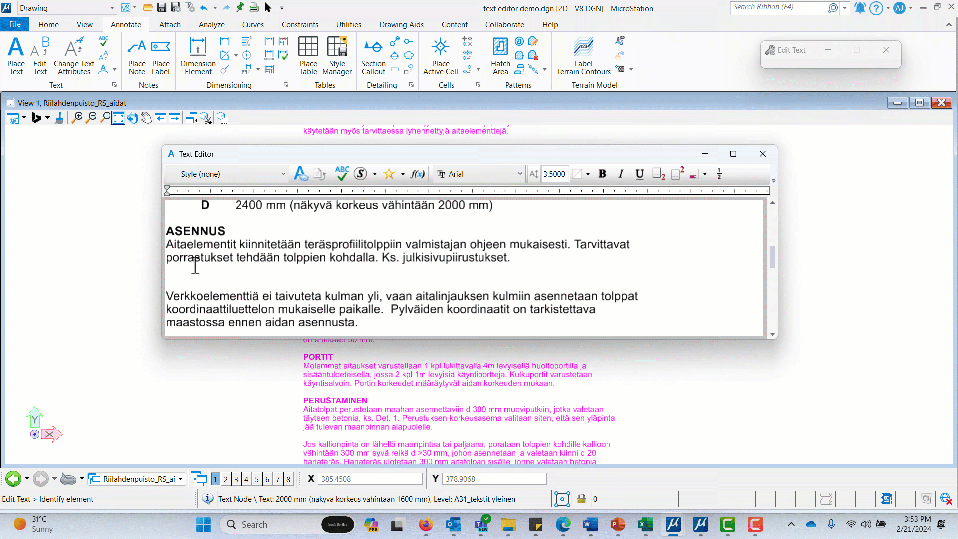 Screenshot of a computer screen displaying a CAD drawing program with a document window containing Finnish installation instructions overlaid.