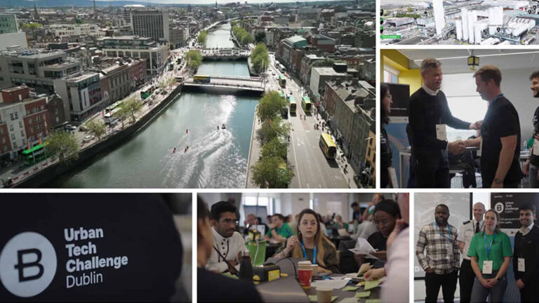 Collage of Dublin cityscape, aerial view of river, teams working together on engineering projects, and Urban Tech Challenge Dublin participants and logo, highlighting innovation in AI and open data.