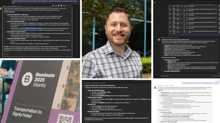 A collage showing a man smiling outdoors, Slack and chat screenshots with text about event logistics, and a sign for transportation to Signia Hotel at Illuminate 2025 in Atlanta.