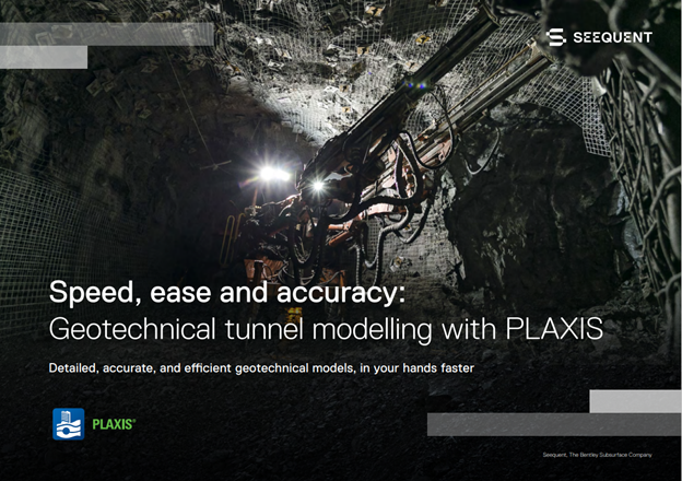 An advertisement for plaxis featuring geotechnical tunnel modeling, emphasizing speed, ease, and accuracy with an image of a tunnel boring machine in operation.